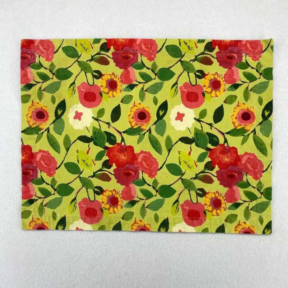 CRATE & BARREL Set of 6 Louise Placemats Floral Heavy Woven Cotton Green 14